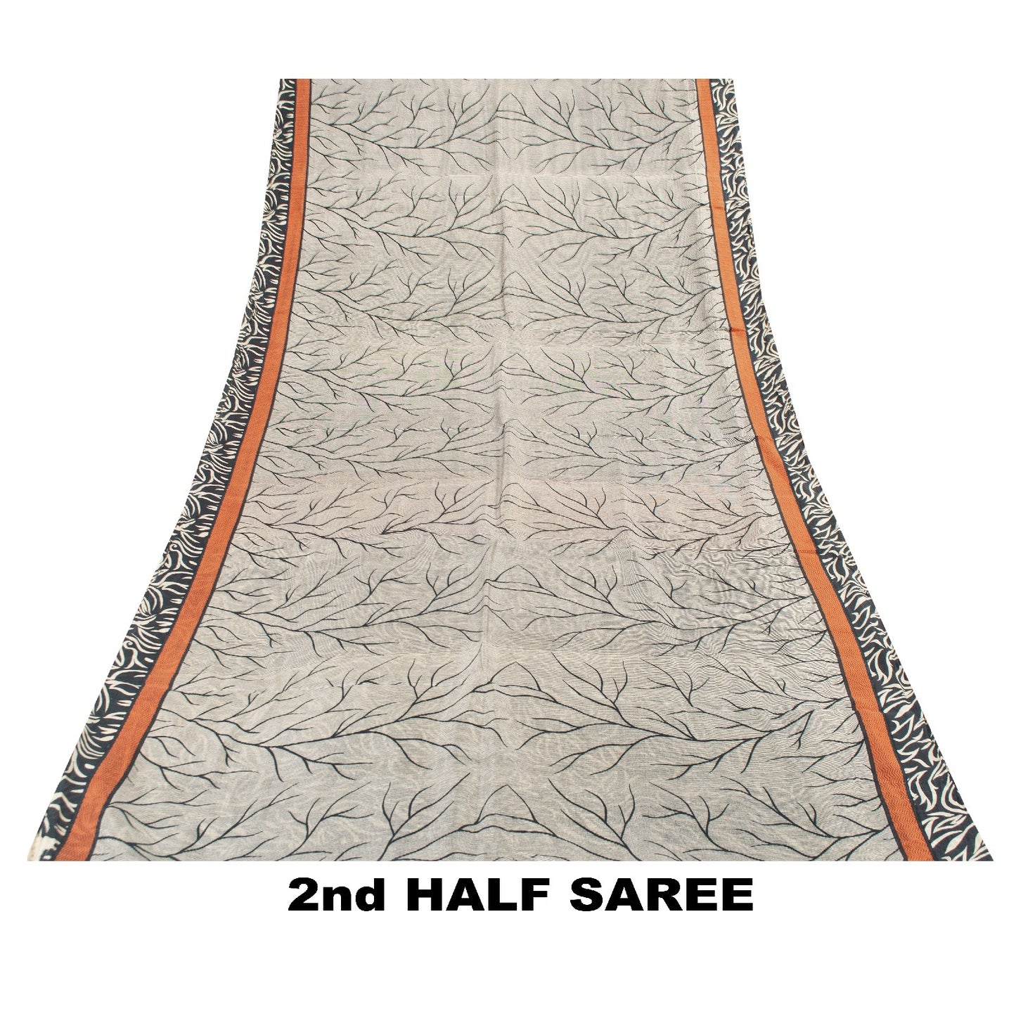 Sanskriti Vintage Sarees Ivory & Black Pure Silk Stem Print 5+YD Sari Bohemian