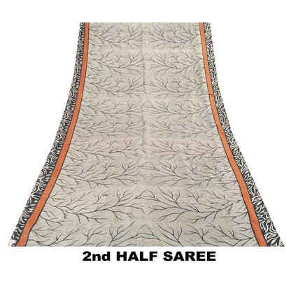 Sanskriti Vintage Sarees Ivory & Black Pure Silk Stem Print 5+YD Sari Bohemian