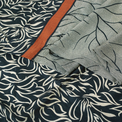 Sanskriti Vintage Sarees Ivory & Black Pure Silk Stem Print 5+YD Sari Bohemian