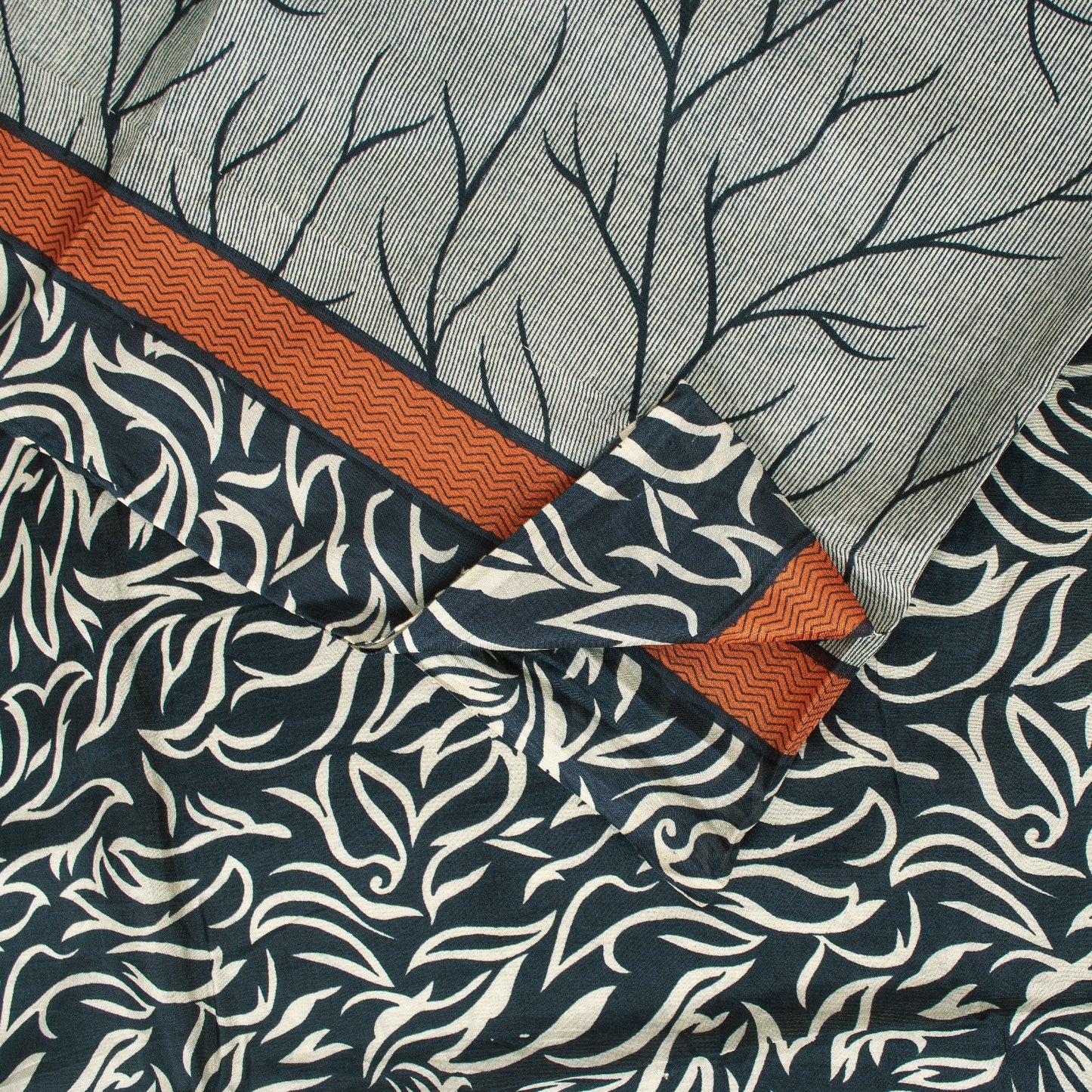 Sanskriti Vintage Sarees Ivory & Black Pure Silk Stem Print 5+YD Sari Bohemian