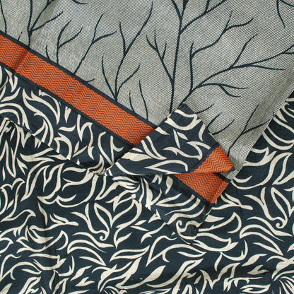 Sanskriti Vintage Sarees Ivory & Black Pure Silk Stem Print 5+YD Sari Bohemian