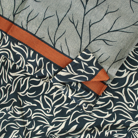 Sanskriti Vintage Sarees Ivory & Black Pure Silk Stem Print 5+YD Sari Bohemian