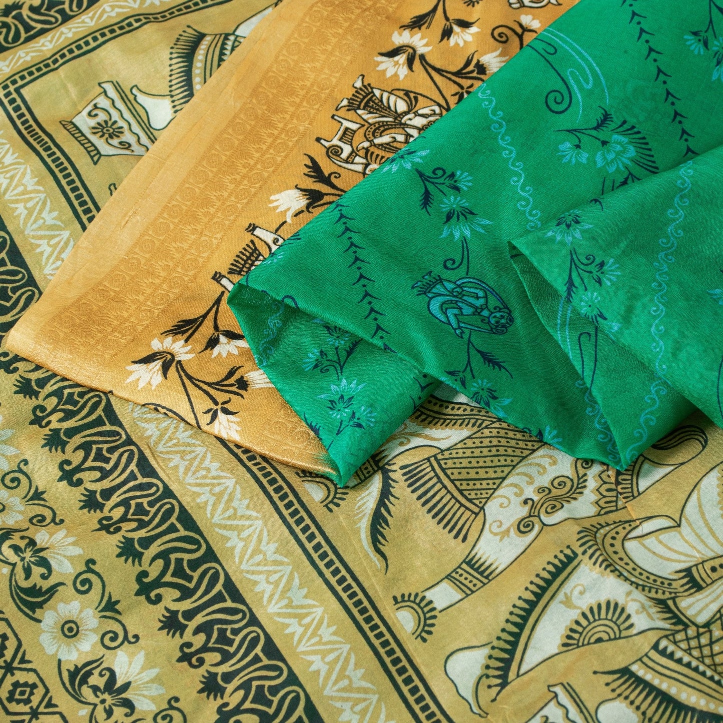 Sanskriti Vintage Sarees Green 100%Pure Silk Women Animal Print 5+YD Indian Sari