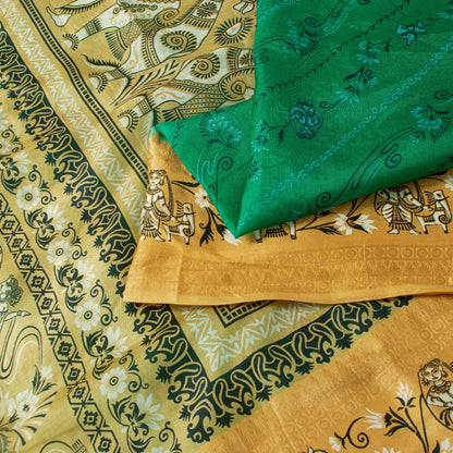 Sanskriti Vintage Sarees Green 100%Pure Silk Women Animal Print 5+YD Indian Sari