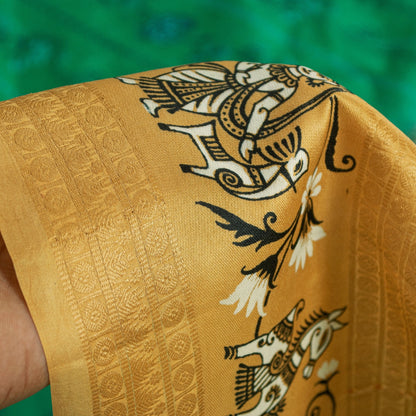 Sanskriti Vintage Sarees Green 100%Pure Silk Women Animal Print 5+YD Indian Sari