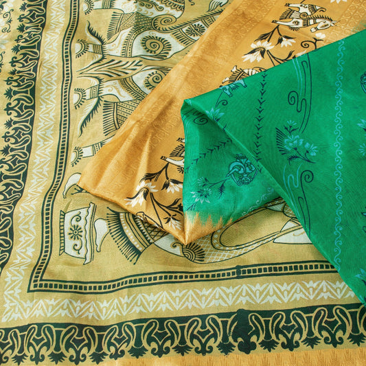 Sanskriti Vintage Sarees Green 100%Pure Silk Women Animal Print 5+YD Indian Sari