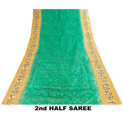 Sanskriti Vintage Sarees Green 100%Pure Silk Women Animal Print 5+YD Indian Sari