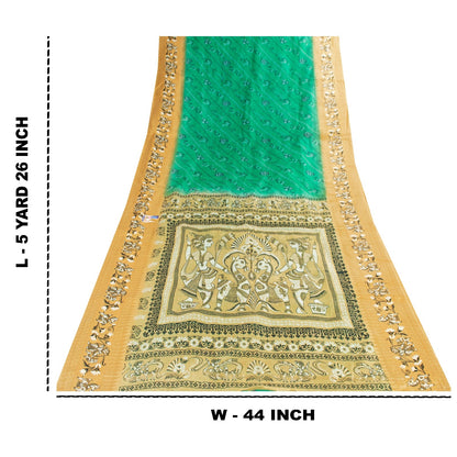 Sanskriti Vintage Sarees Green 100%Pure Silk Women Animal Print 5+YD Indian Sari