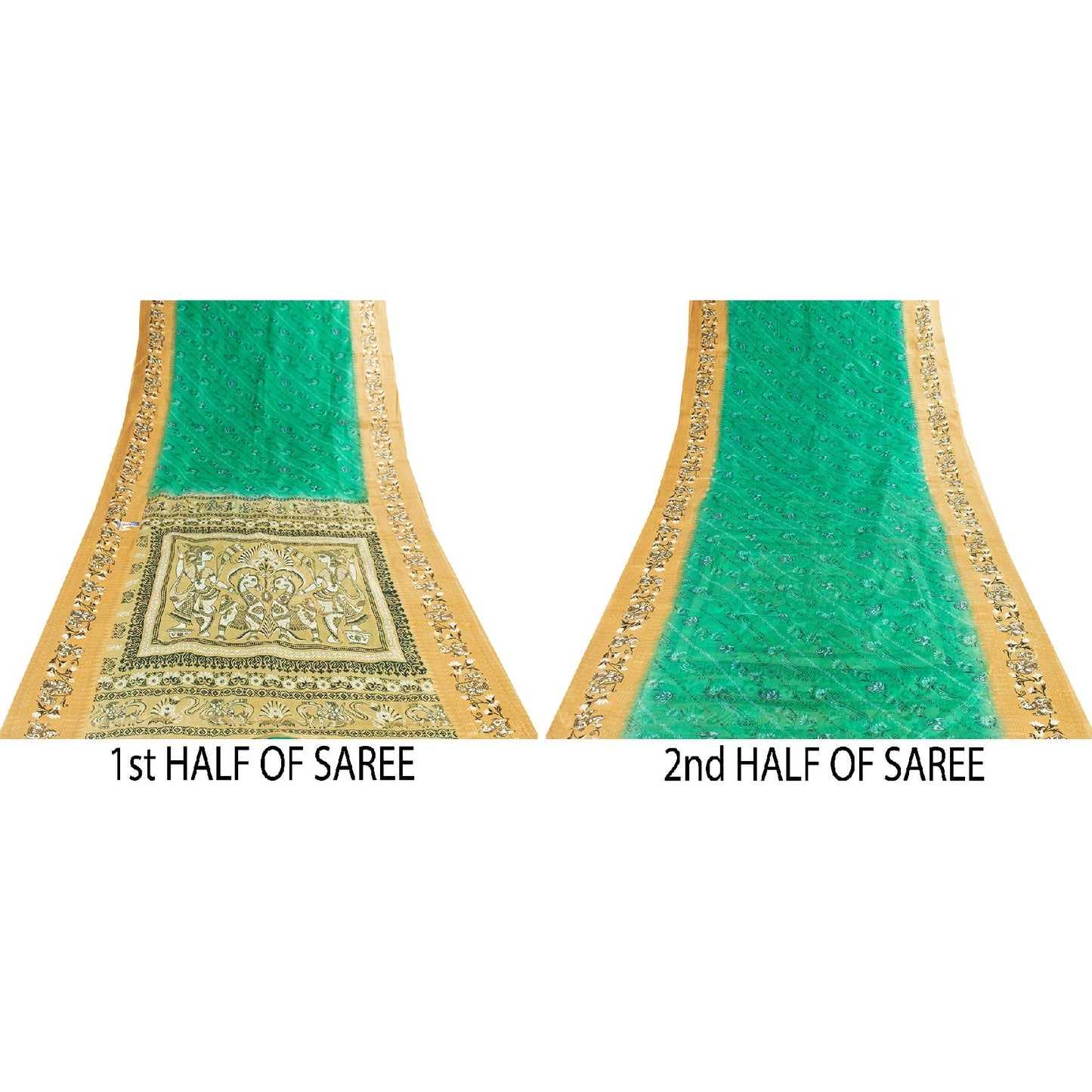 Sanskriti Vintage Sarees Green 100%Pure Silk Women Animal Print 5+YD Indian Sari