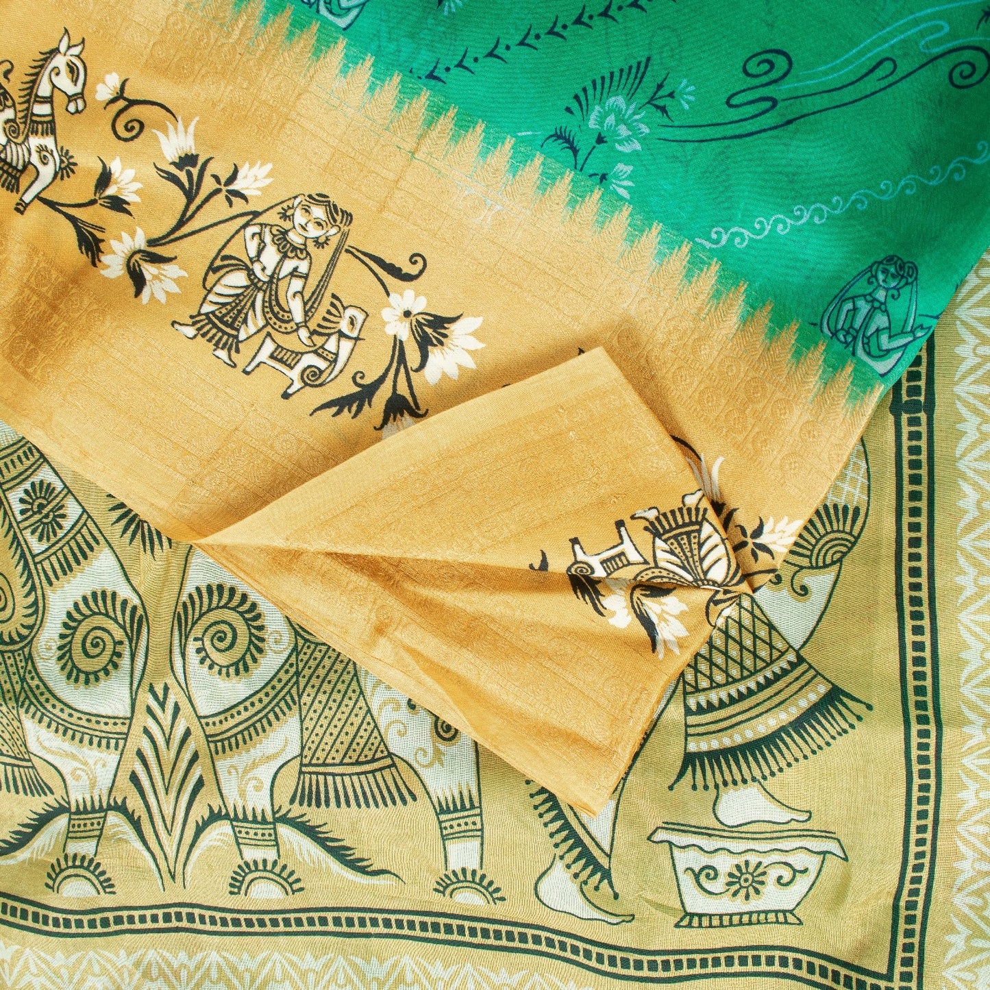Sanskriti Vintage Sarees Green 100%Pure Silk Women Animal Print 5+YD Indian Sari