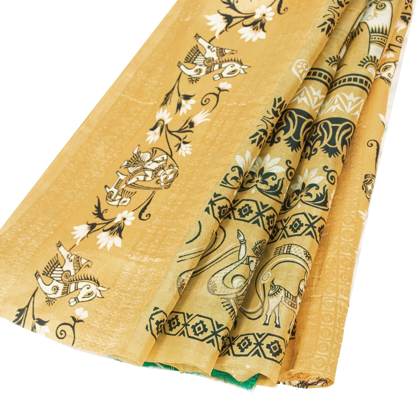 Sanskriti Vintage Sarees Green 100%Pure Silk Women Animal Print 5+YD Indian Sari
