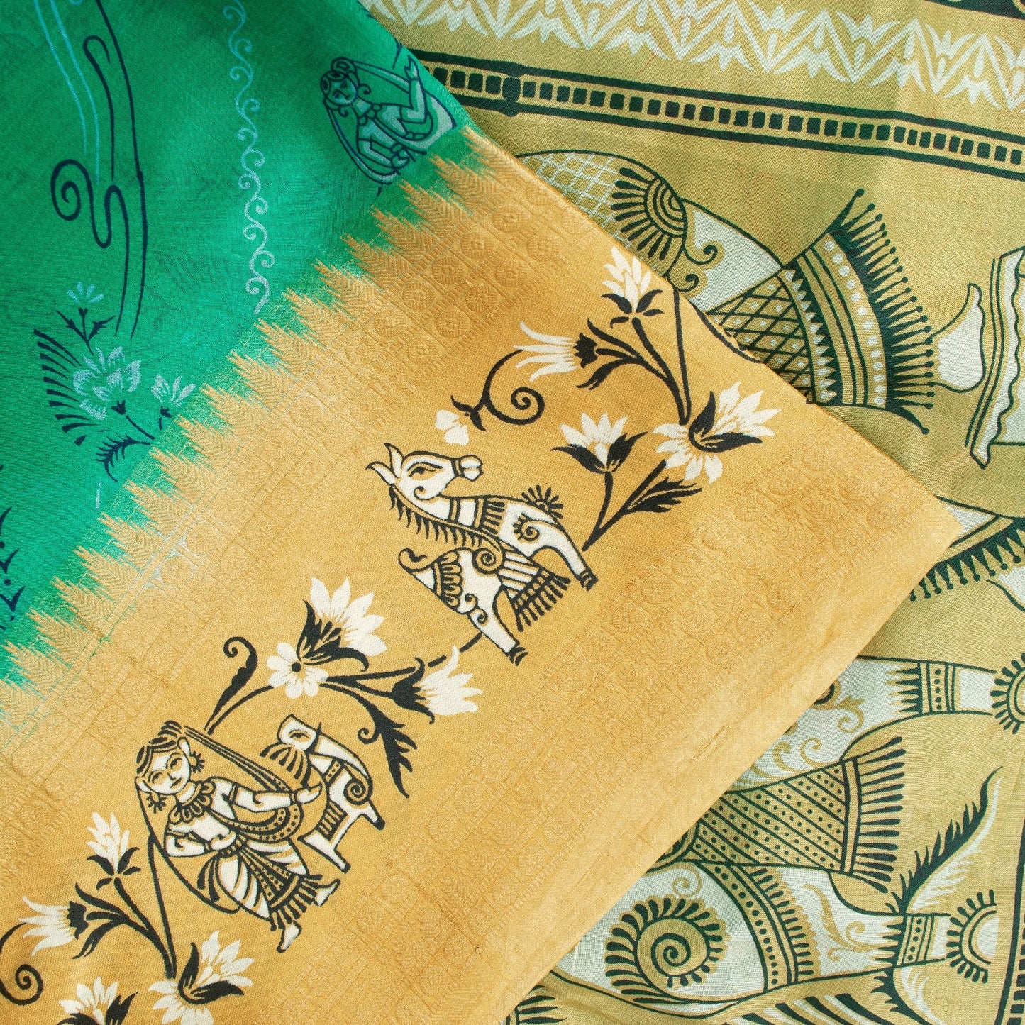 Sanskriti Vintage Sarees Green 100%Pure Silk Women Animal Print 5+YD Indian Sari