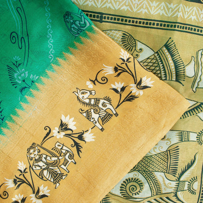 Sanskriti Vintage Sarees Green 100%Pure Silk Women Animal Print 5+YD Indian Sari