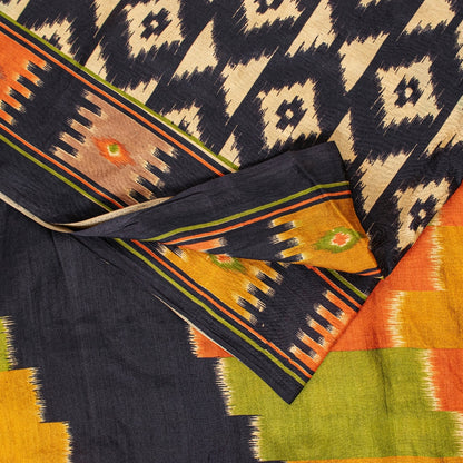 Sanskriti Vintage Craft Supply Patola IkatPrint Black Pure Silk Sarees 5+YD Sari