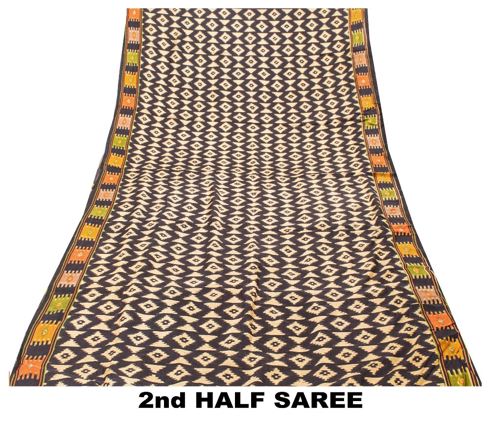 Sanskriti Vintage Craft Supply Patola IkatPrint Black Pure Silk Sarees 5+YD Sari