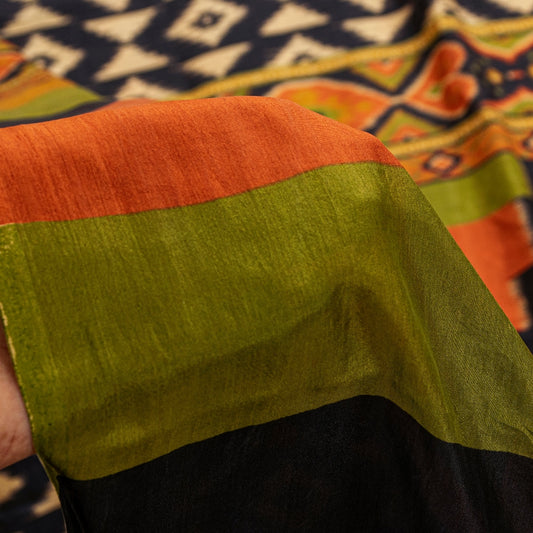 Sanskriti Vintage Craft Supply Patola IkatPrint Black Pure Silk Sarees 5+YD Sari