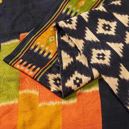 Sanskriti Vintage Craft Supply Patola IkatPrint Black Pure Silk Sarees 5+YD Sari