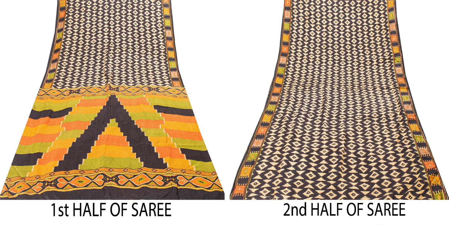 Sanskriti Vintage Craft Supply Patola IkatPrint Black Pure Silk Sarees 5+YD Sari