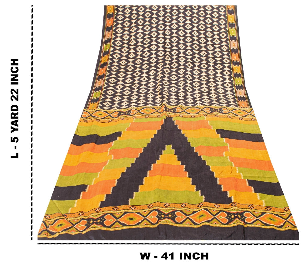 Sanskriti Vintage Craft Supply Patola IkatPrint Black Pure Silk Sarees 5+YD Sari
