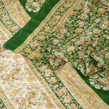 Sanskriti Vintage Sarees Green Pure Silk Floral Print 6+YD Sari QuiltingMaterial