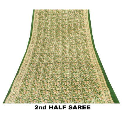 Sanskriti Vintage Sarees Green Pure Silk Floral Print 6+YD Sari QuiltingMaterial