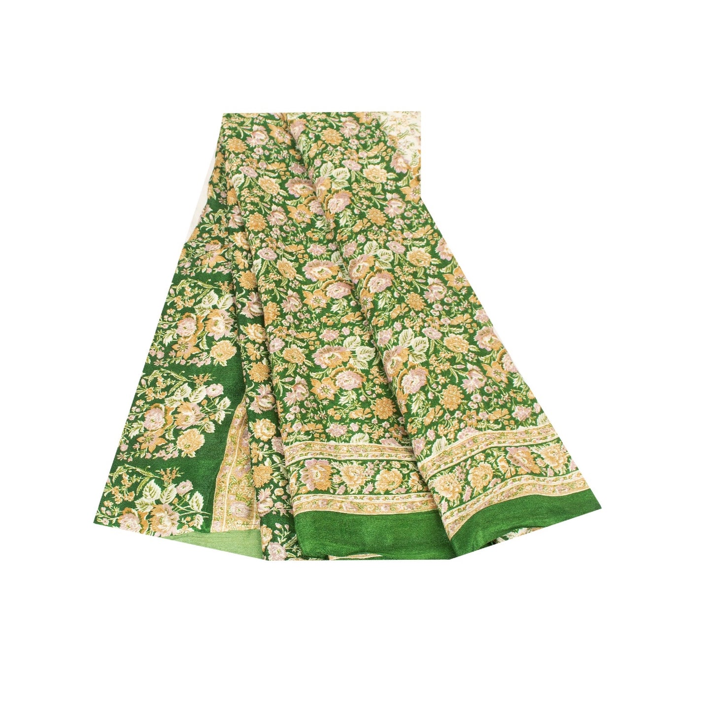 Sanskriti Vintage Sarees Green Pure Silk Floral Print 6+YD Sari QuiltingMaterial