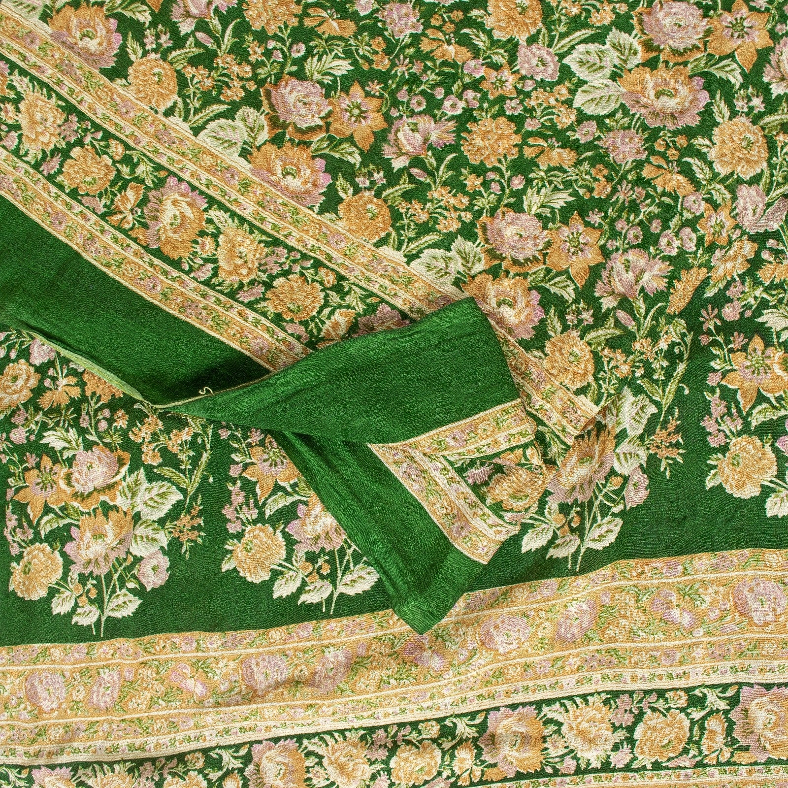 Sanskriti Vintage Sarees Green Pure Silk Floral Print 6+YD Sari QuiltingMaterial