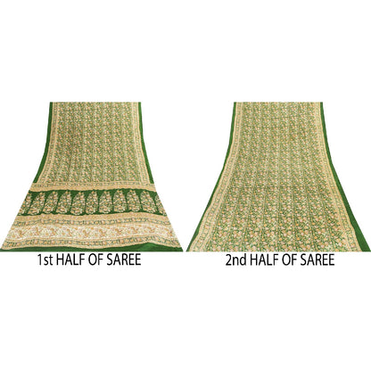 Sanskriti Vintage Sarees Green Pure Silk Floral Print 6+YD Sari QuiltingMaterial