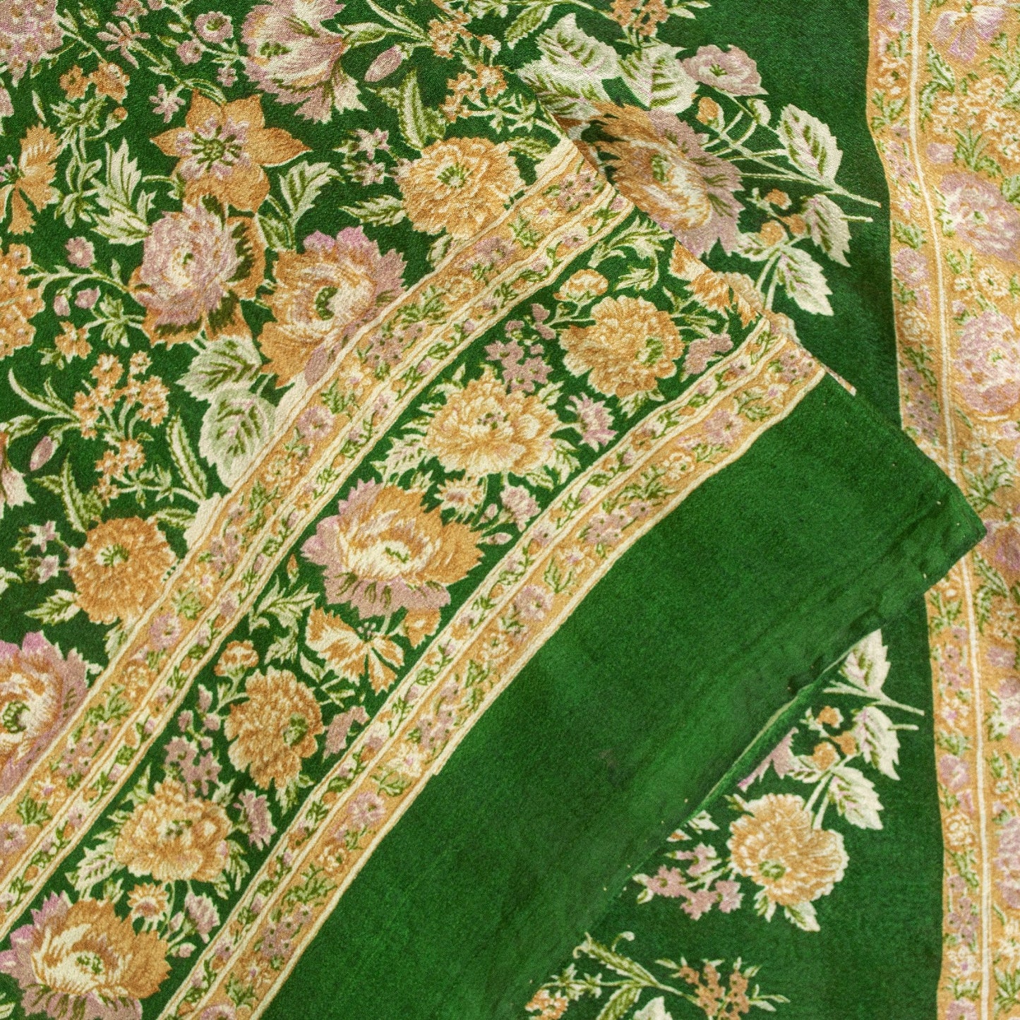Sanskriti Vintage Sarees Green Pure Silk Floral Print 6+YD Sari QuiltingMaterial