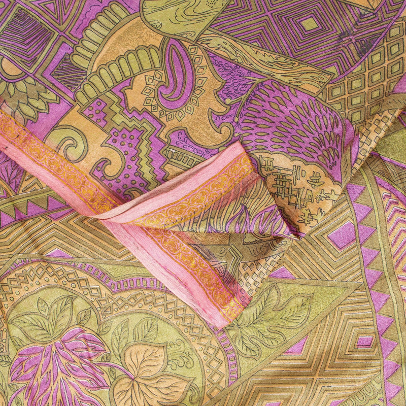 Sanskriti Vintage Sarees Multicolor Pure Silk Floral Print Zari Border 6+YD Sari
