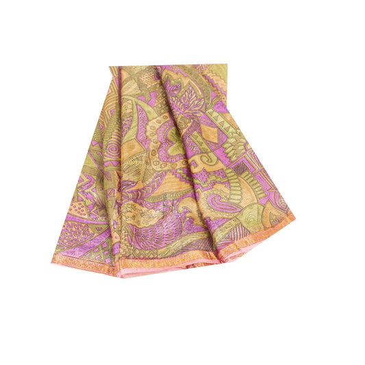 Sanskriti Vintage Sarees Multicolor Pure Silk Floral Print Zari Border 6+Yd Sari