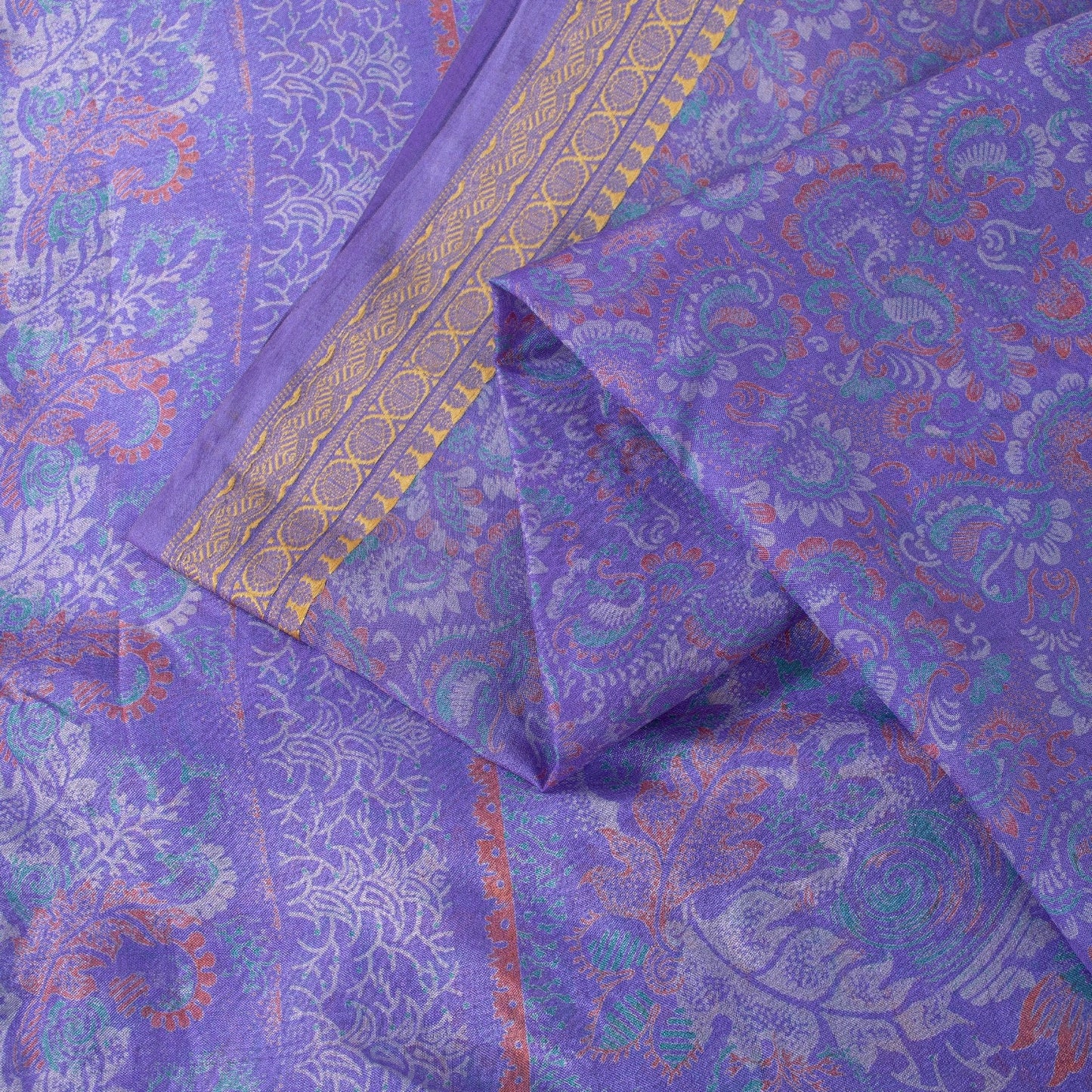 Sanskriti Vintage Sarees Purple Pure Silk Floral Print 5+YD Sari Remnant Fabric