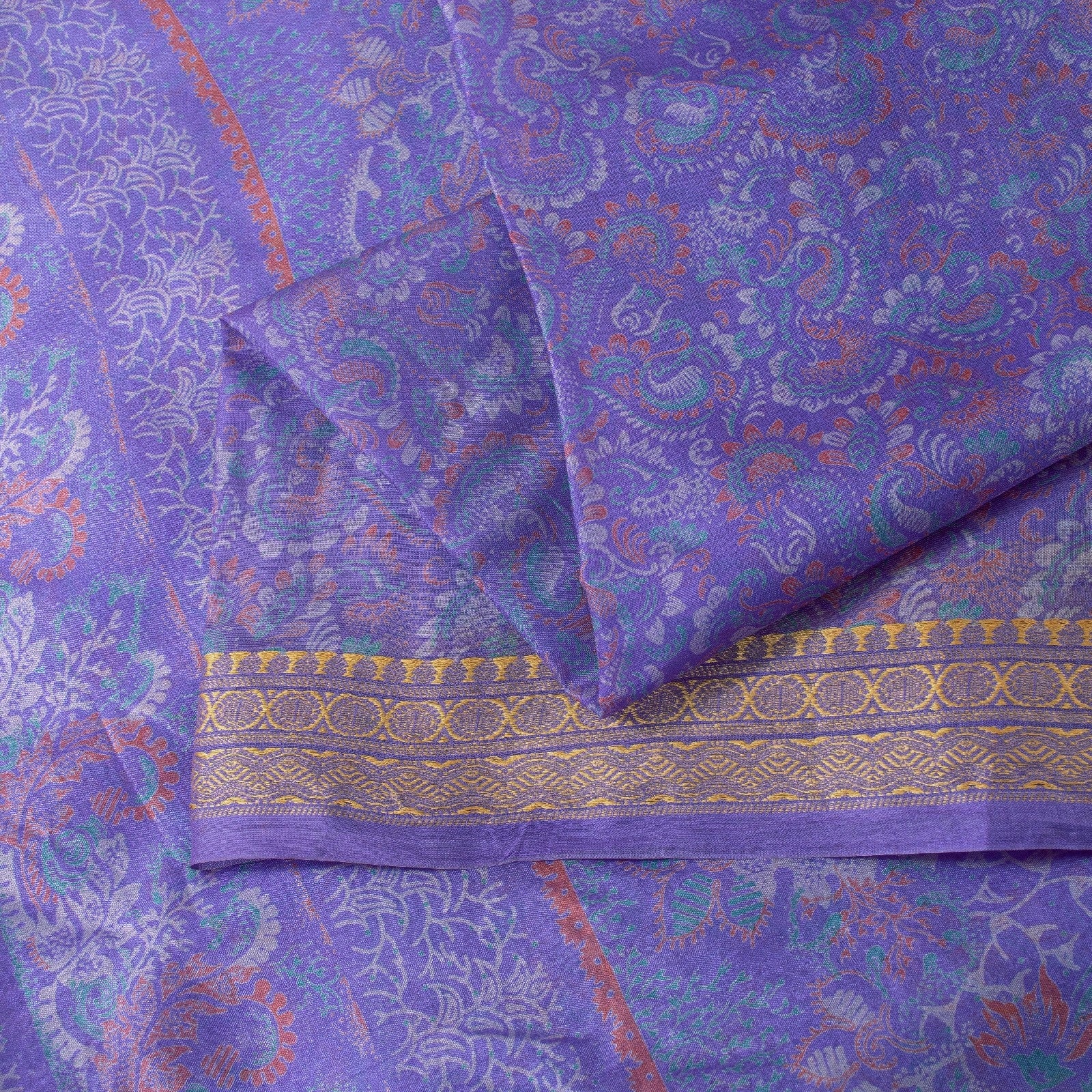Sanskriti Vintage Sarees Purple Pure Silk Floral Print 5+YD Sari Remnant Fabric