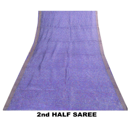 Sanskriti Vintage Sarees Purple Pure Silk Floral Print 5+YD Sari Remnant Fabric