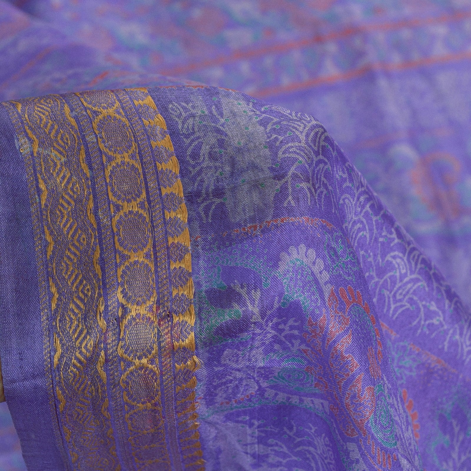 Sanskriti Vintage Sarees Purple Pure Silk Floral Print 5+YD Sari Remnant Fabric
