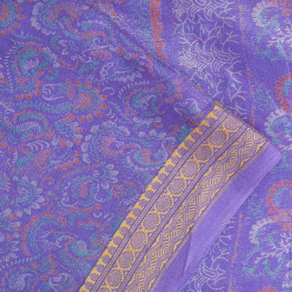 Sanskriti Vintage Sarees Purple Pure Silk Floral Print 5+YD Sari Remnant Fabric