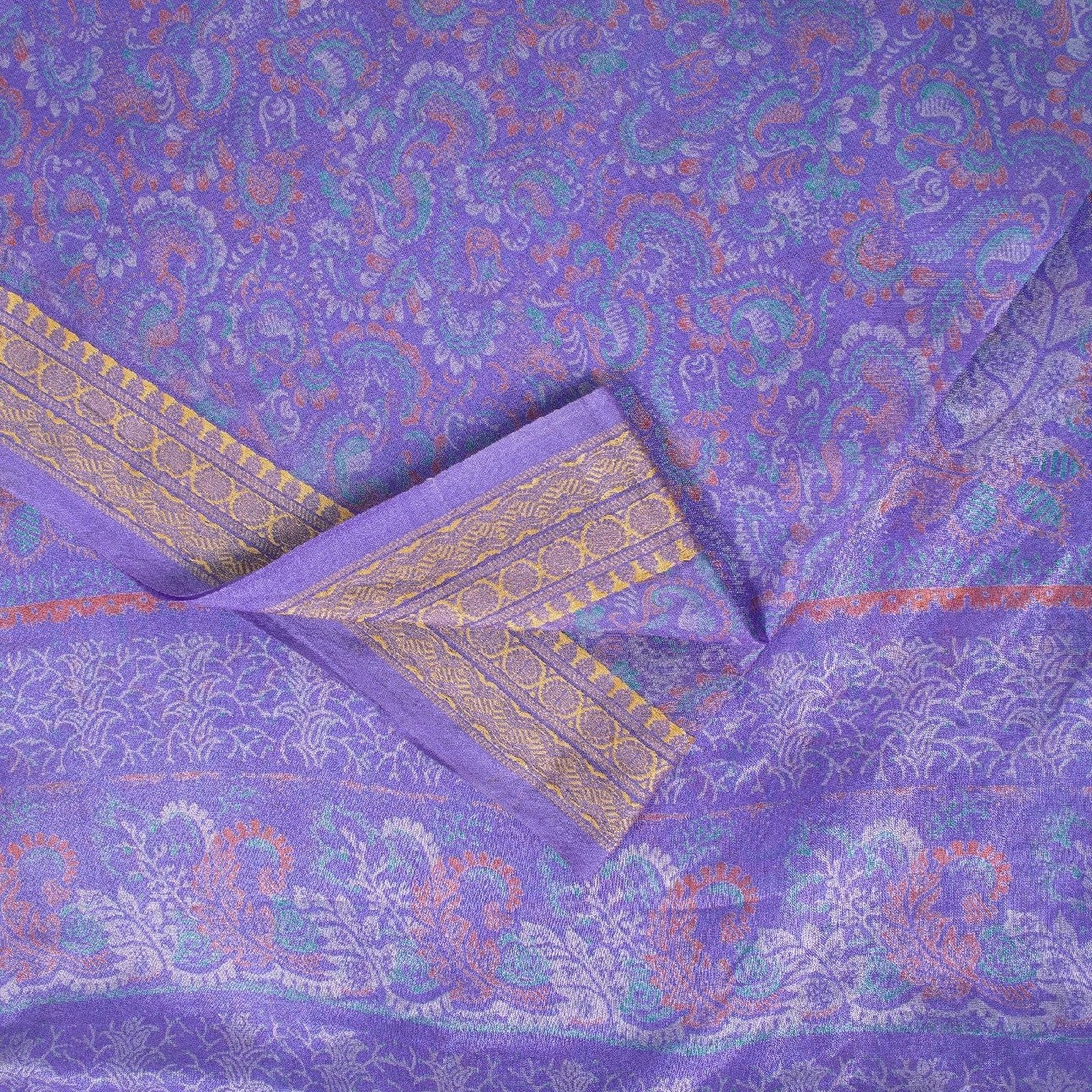 Sanskriti Vintage Sarees Purple Pure Silk Floral Print 5+YD Sari Remnant Fabric