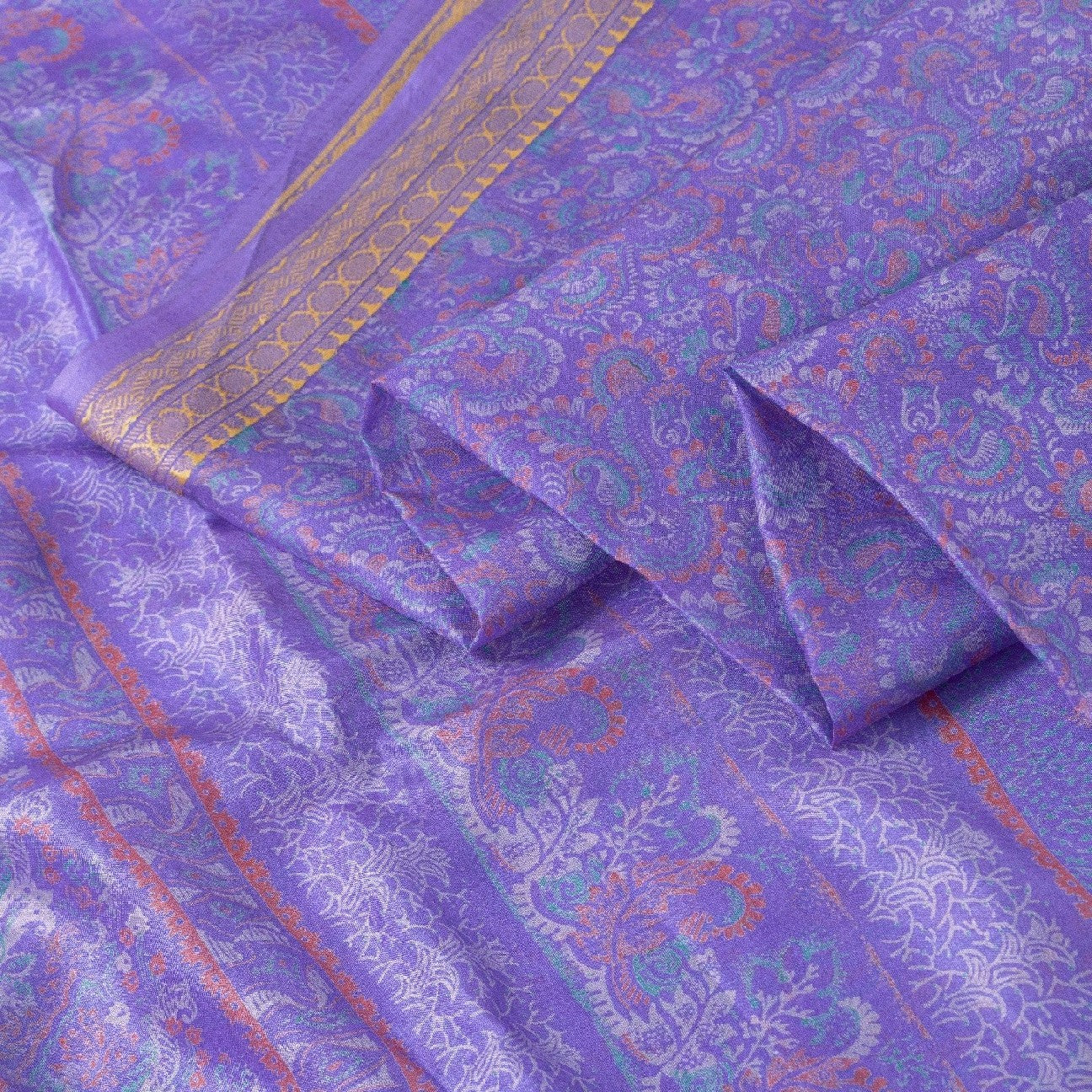 Sanskriti Vintage Sarees Purple Pure Silk Floral Print 5+YD Sari Remnant Fabric