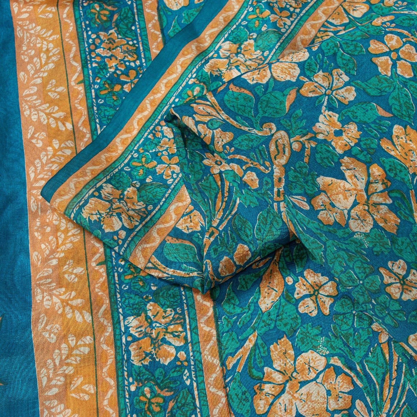 Sanskriti Vintage Sarees Blue 100%Pure Silk Floral Print 5+YD Eco-Friendly Sari