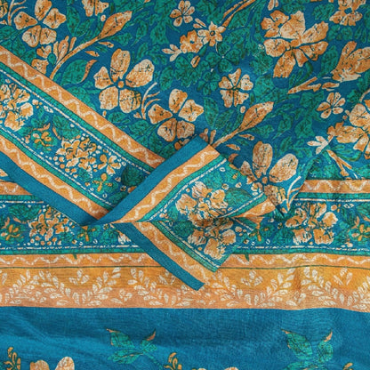Sanskriti Vintage Sarees Blue 100%Pure Silk Floral Print 5+YD Eco-Friendly Sari
