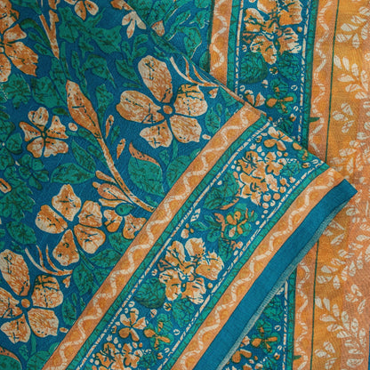 Sanskriti Vintage Sarees Blue 100%Pure Silk Floral Print 5+YD Eco-Friendly Sari