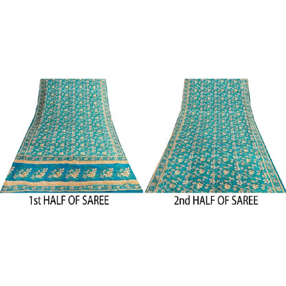 Sanskriti Vintage Sarees Blue 100%Pure Silk Floral Print 5+YD Eco-Friendly Sari