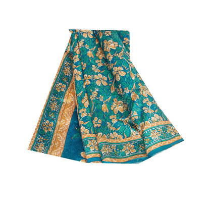 Sanskriti Vintage Sarees Blue 100%Pure Silk Floral Print 5+YD Eco-Friendly Sari