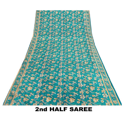 Sanskriti Vintage Sarees Blue 100%Pure Silk Floral Print 5+YD Eco-Friendly Sari