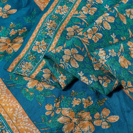Sanskriti Vintage Sarees Blue 100%Pure Silk Floral Print 5+YD Eco-Friendly Sari