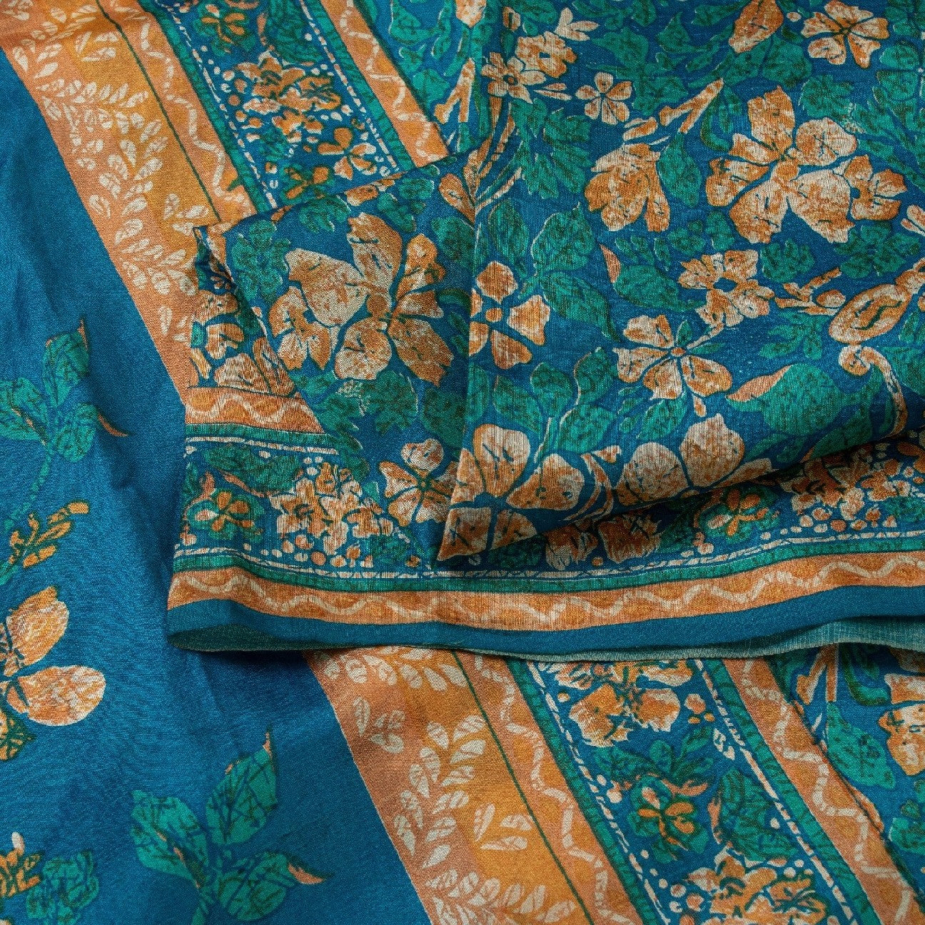 Sanskriti Vintage Sarees Blue 100%Pure Silk Floral Print 5+YD Eco-Friendly Sari
