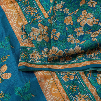 Sanskriti Vintage Sarees Blue 100%Pure Silk Floral Print 5+YD Eco-Friendly Sari