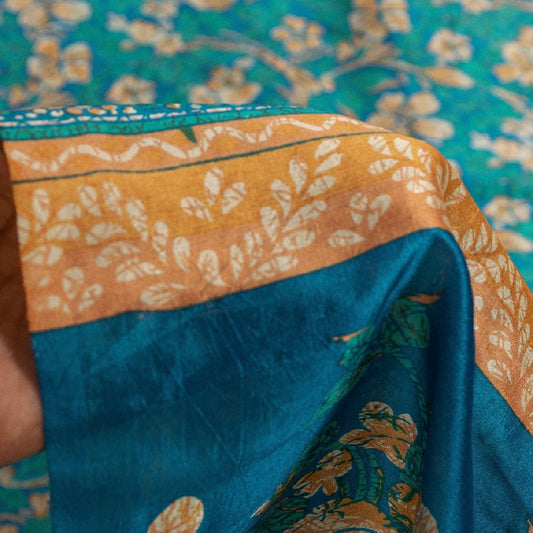 Sanskriti Vintage Sarees Blue 100%Pure Silk Floral Print 5+YD Eco-Friendly Sari