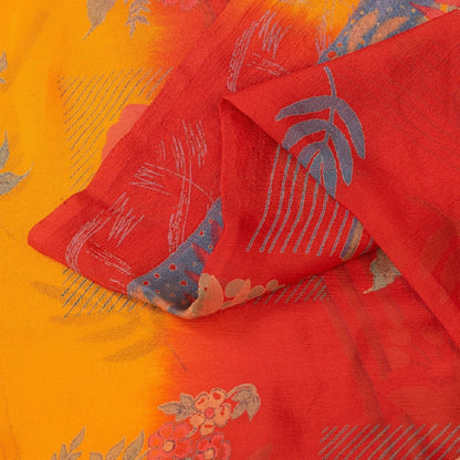 Sanskriti Vintage Sarees Red & Yellow Pure Silk Floral Print 5+YD Sari For Quilt