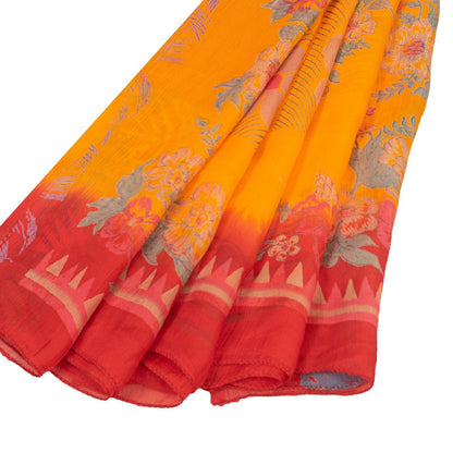 Sanskriti Vintage Sarees Red & Yellow Pure Silk Floral Print 5+YD Sari For Quilt